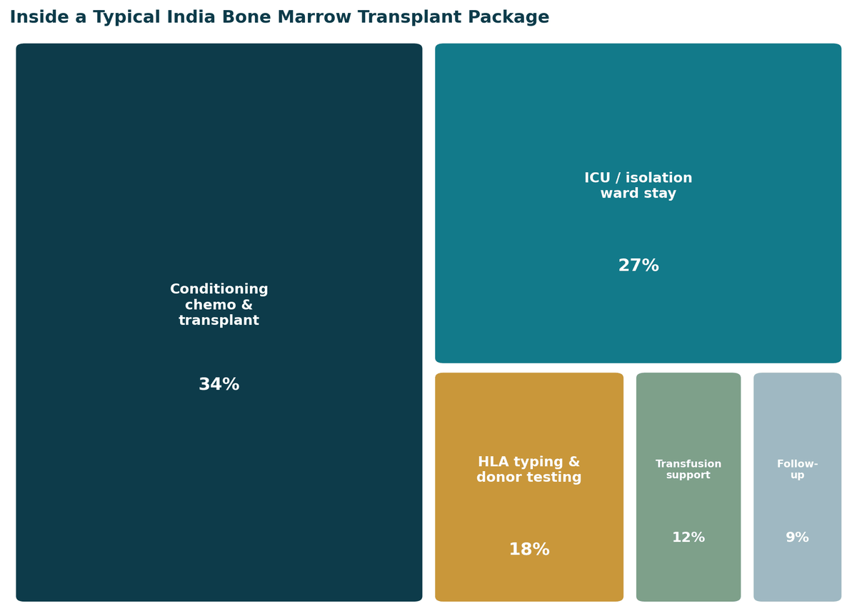 Inside a typical India bone marrow transplant package: conditioning and transplant 34%, ICU/isolation stay 27%, HLA typing and donor testing 18%, transfusion support 12%, follow-up 9%. Confirm exact inclusions with your hospital in writing.