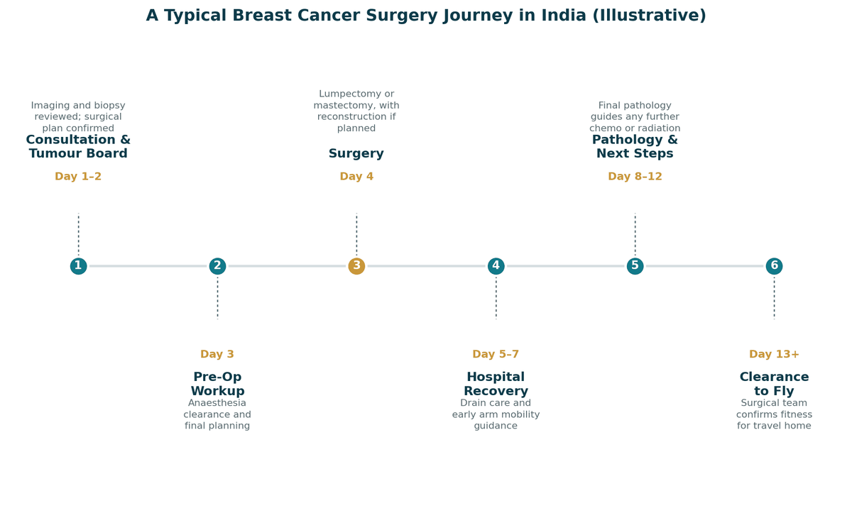 A typical breast cancer surgery journey in India, illustrative: days 1 to 2 consultation and tumour board with imaging and biopsy review; day 3 pre-op workup; day 4 lumpectomy or mastectomy with reconstruction if planned; days 5 to 7 hospital recovery; days 8 to 12 final pathology and next steps; day 13 and beyond clearance to fly.