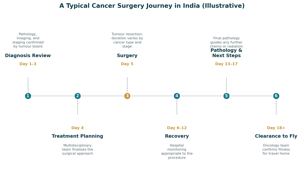 A typical cancer surgery journey in India, illustrative: days 1 to 3 diagnosis review with pathology, imaging and staging confirmed by tumour board; day 4 treatment planning; day 5 tumour resection; days 6 to 12 hospital recovery; days 13 to 17 final pathology and next steps; day 18 and beyond clearance to fly.
