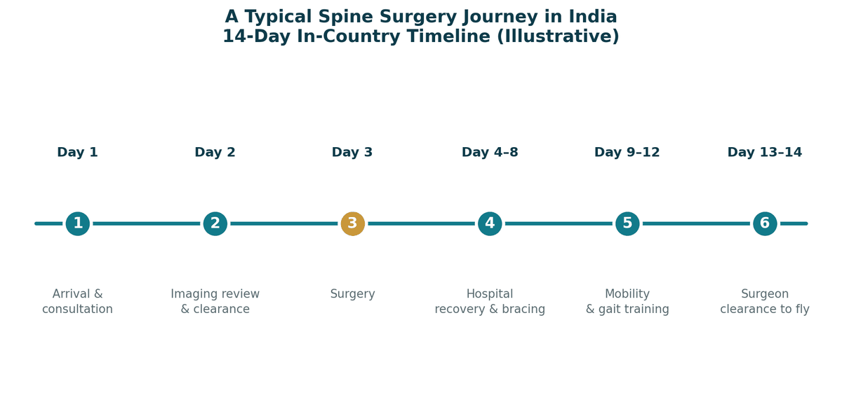 A typical spine surgery journey in India, illustrative 14-day timeline: day 1 arrival and consultation; day 2 imaging review; day 3 surgery; days 4 to 8 hospital recovery and bracing; days 9 to 12 mobility and gait training; days 13 to 14 surgeon clearance to fly.