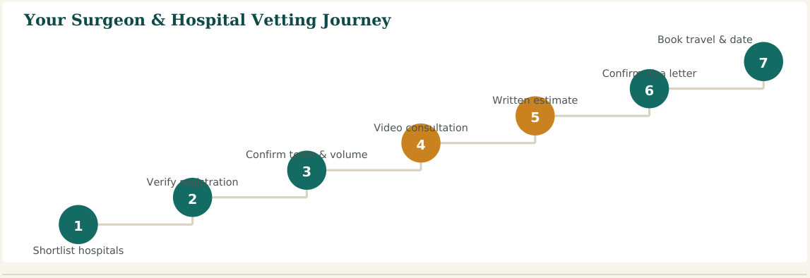 Figure 2 — A seven-step vetting process. Steps 2 and 3 are the ones patients most often skip — and the ones that matter most