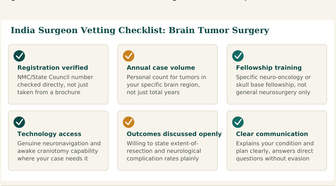 Figure 1 — Six factors worth verifying about any brain tumor surgeon before you commit, whether you find them independently or through a facilitation service