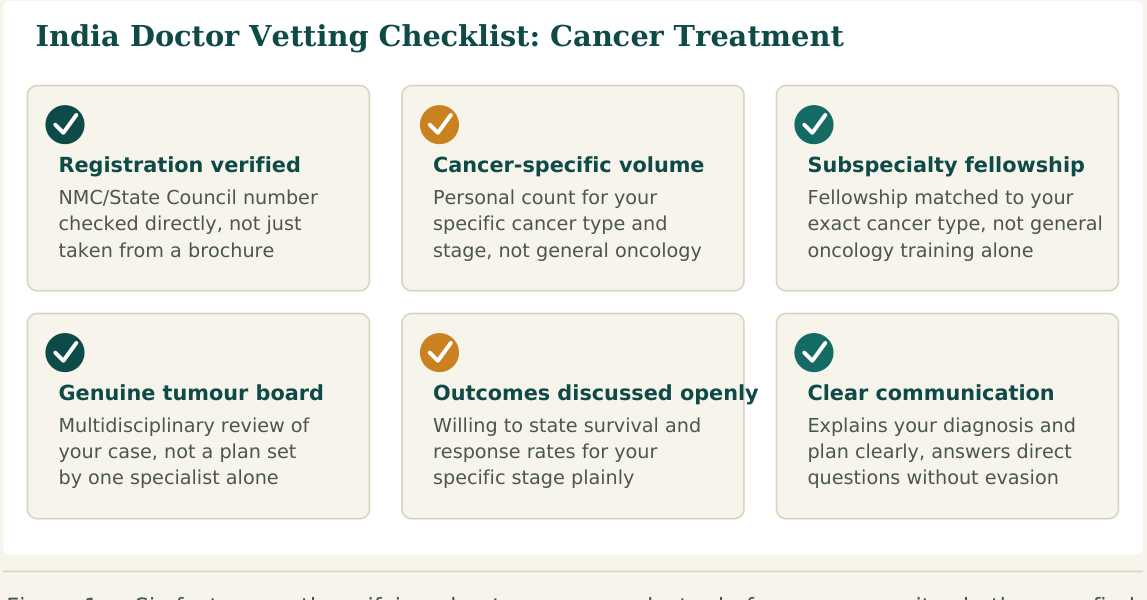Figure 1 — Six factors worth verifying about any cancer doctor before you commit, whether you find them independently or through a facilitation service