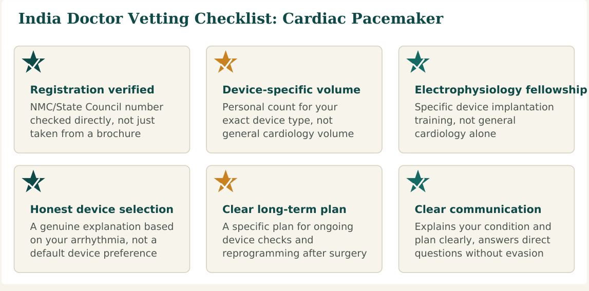 Figure 1 — Six factors worth verifying about any cardiac pacemaker doctor before you commit, whether you find them independently or through a facilitation service