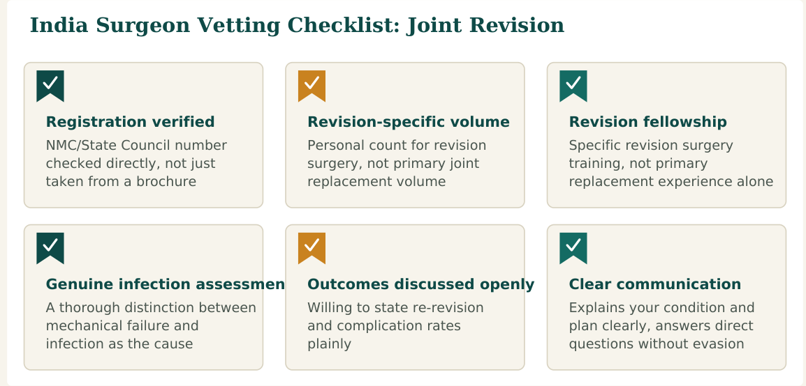 Figure 1 — Six factors worth verifying about any joint revision surgeon before you commit, whether you find them independently or through a facilitation service
