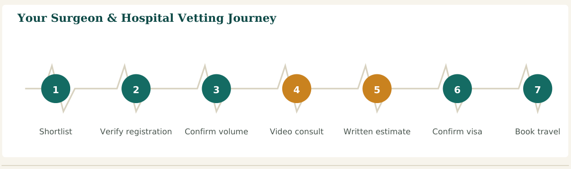 Figure 2 — A seven-step vetting process. Steps 2 and 3 are the ones patients most often skip — and the ones that matter most