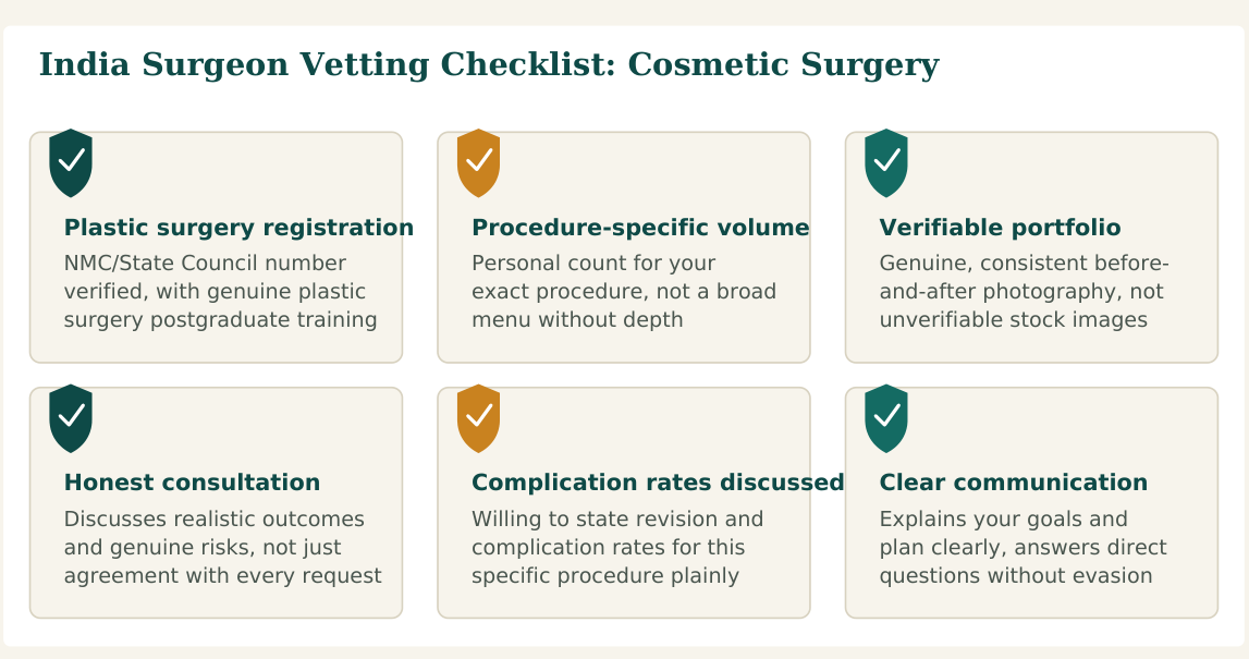 Figure 1 — Six factors worth verifying about any cosmetic surgeon before you commit, whether you find them independently or through a facilitation service