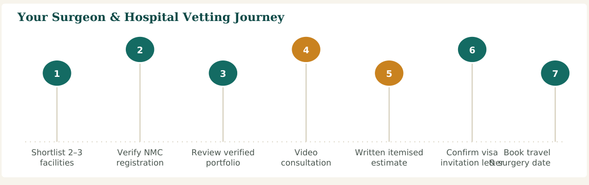 Figure 2 — A seven-step vetting process. Steps 2 and 3 are the ones patients most often skip — and the ones that matter most