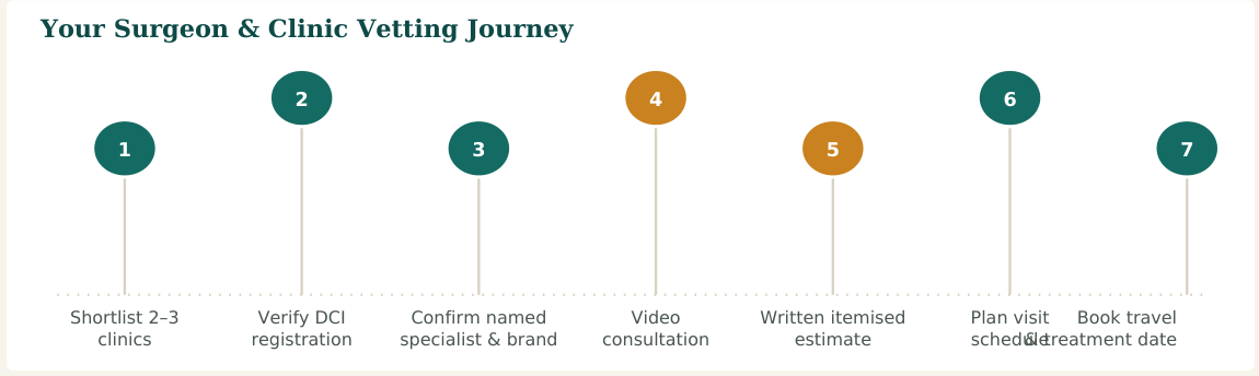 Figure 2 — A seven-step vetting process. Steps 2 and 3 are the ones patients most often skip — and the ones that matter most
