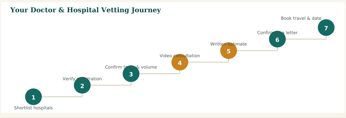 Figure 2 — A seven-step vetting process. Steps 2 and 3 are the ones patients most often skip — and the ones that matter most