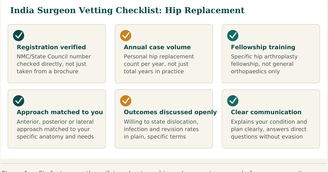 Figure 1 — Six factors worth verifying about any hip replacement surgeon before you commit, whether you find them independently or through a facilitation service