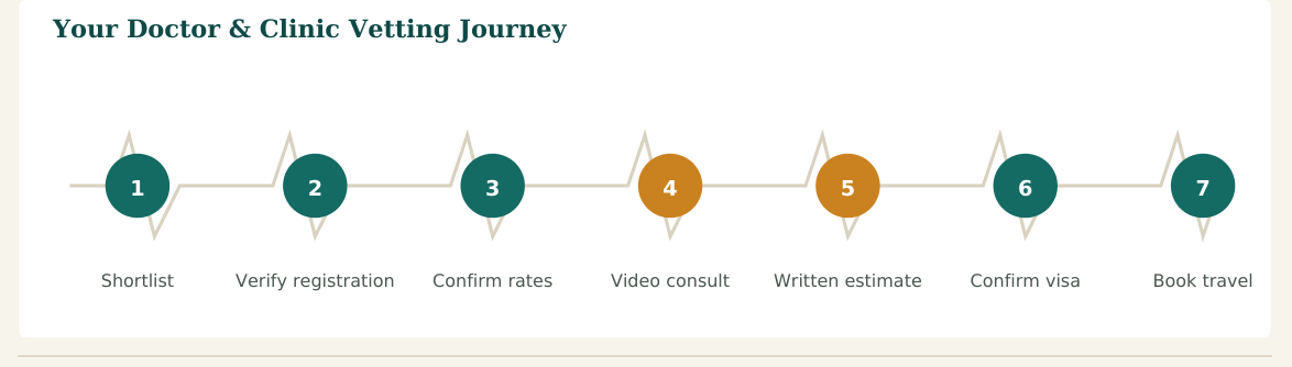 Figure 2 — A seven-step vetting process. Steps 2 and 3 are the ones patients most often skip — and the ones that matter most