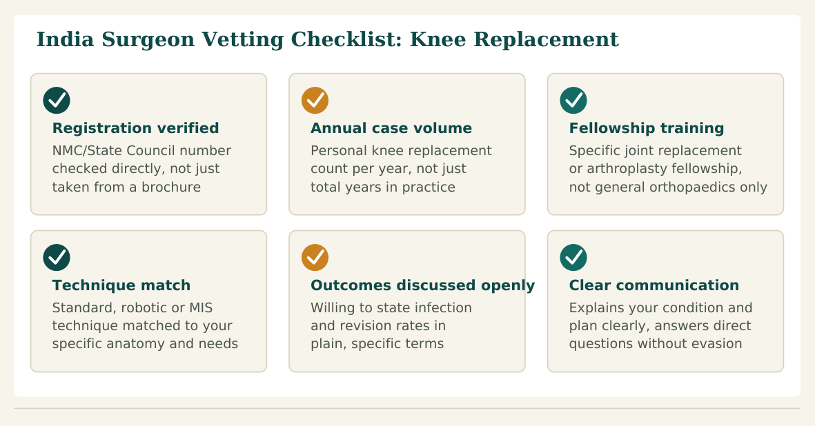 Figure 1 — Six factors worth verifying about any knee replacement surgeon before you commit, whether you find them independently or through a facilitation service