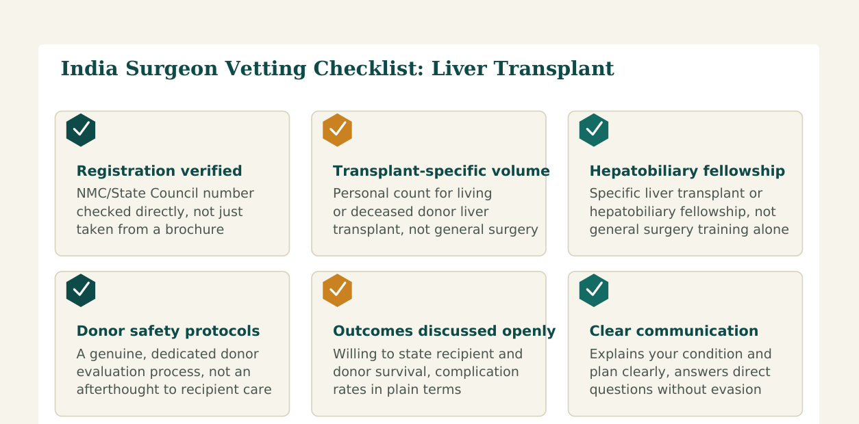 Figure 1 — Six factors worth verifying about any liver transplant surgeon before you commit, whether you find them independently or through a facilitation service