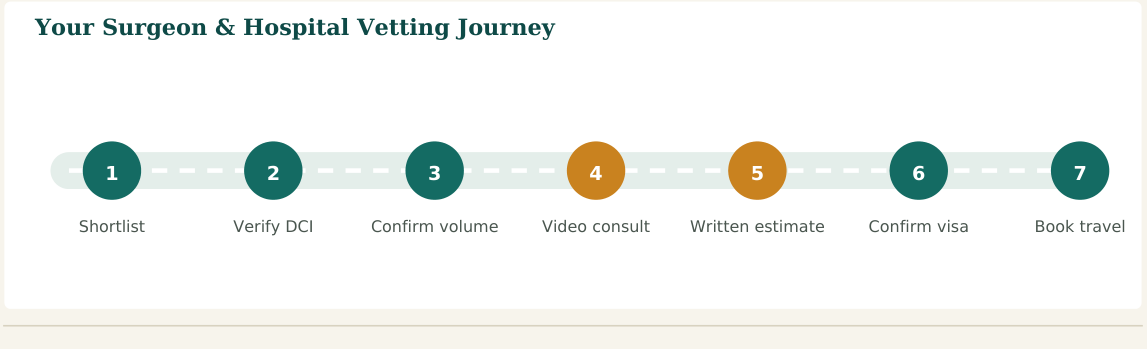 Figure 2 — A seven-step vetting process. Steps 2 and 3 are the ones patients most often skip — and the ones that matter most