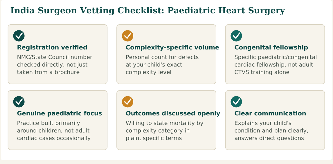 Figure 1 — Six factors worth verifying about any paediatric heart surgeon before you commit, whether you find them independently or through a facilitation service