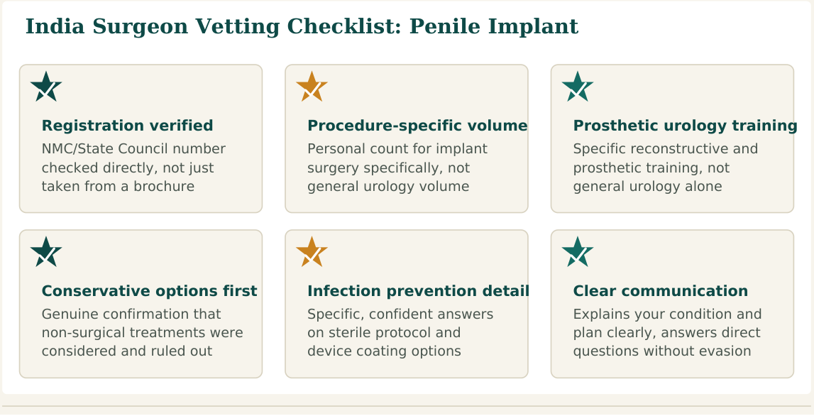 Figure 1 — Six factors worth verifying about any penile implant surgeon before you commit, whether you find them independently or through a facilitation service