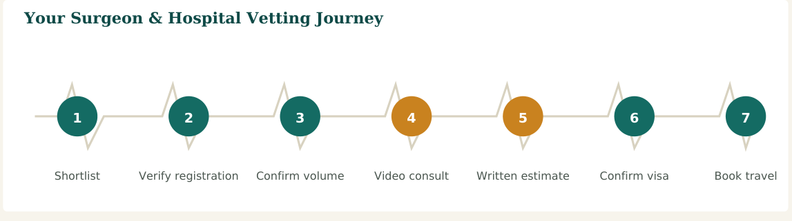 Figure 2 — A seven-step vetting process. Steps 2 and 3 are the ones patients most often skip — and the ones that matter most