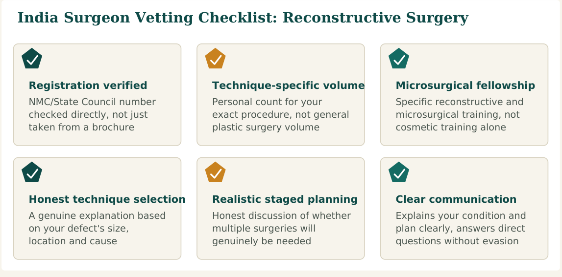 Figure 1 — Six factors worth verifying about any reconstructive surgeon before you commit, whether you find them independently or through a facilitation service