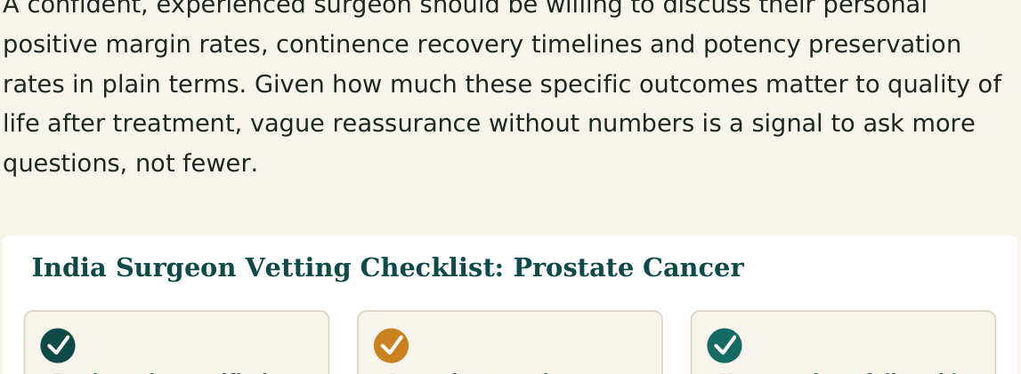 Figure 1 — Six factors worth verifying about any prostate cancer surgeon before you commit, whether you find them independently or through a facilitation service