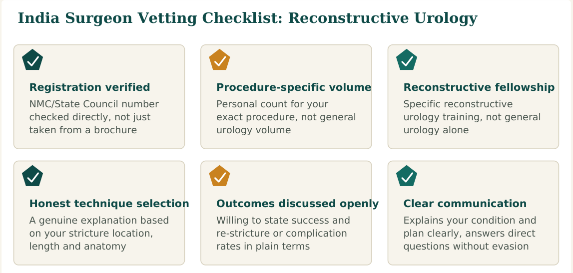 Figure 1 — Six factors worth verifying about any reconstructive urologist before you commit, whether you find them independently or through a facilitation service