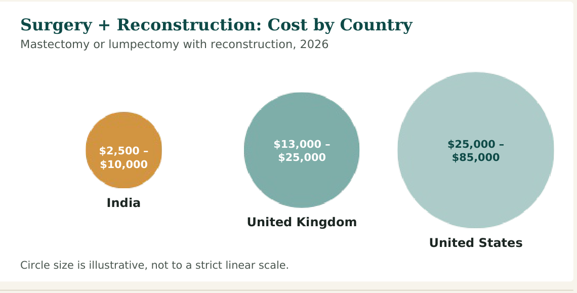 Figure 1 — Cost range for surgery combined with reconstruction. Flap-based reconstruction, double mastectomy and additional revision surgery cost more in every country listed