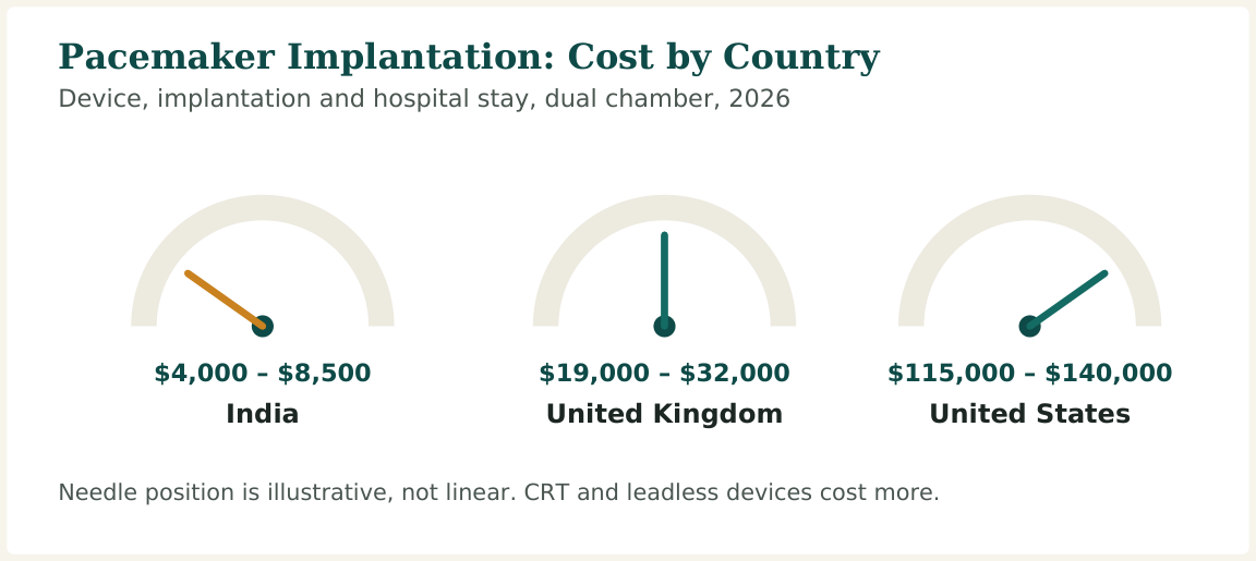Figure 1 — Cost range for a standard dual-chamber pacemaker implantation. CRT devices, leadless pacemakers and MRI-conditional models cost more in every country listed