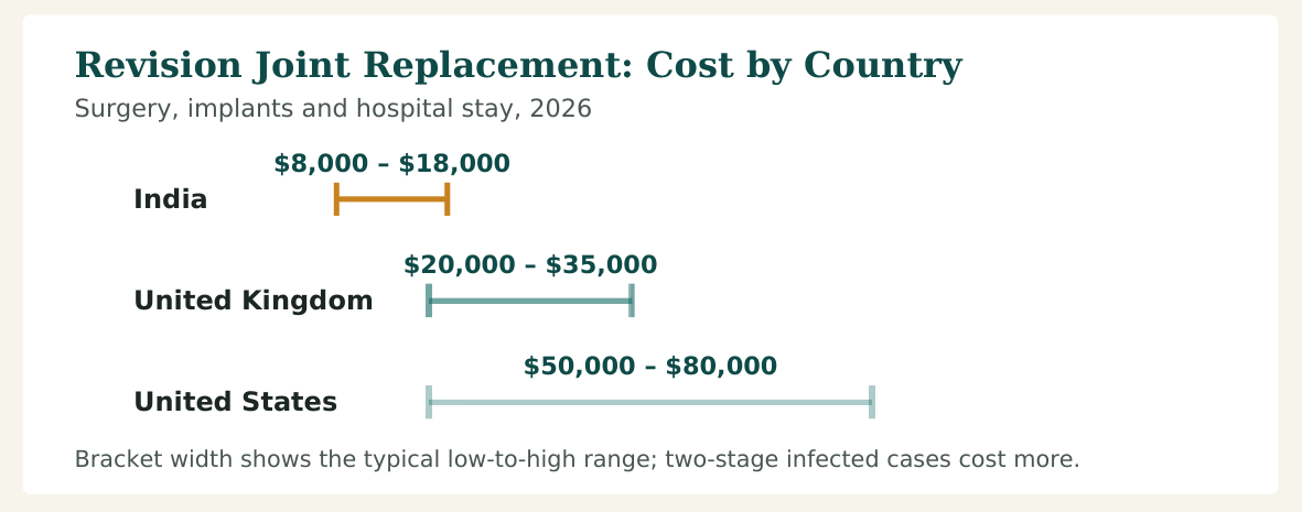 Figure 1 — Cost range for revision joint replacement. Two-stage infected revision, custom implants and bone grafting cost more in every country listed