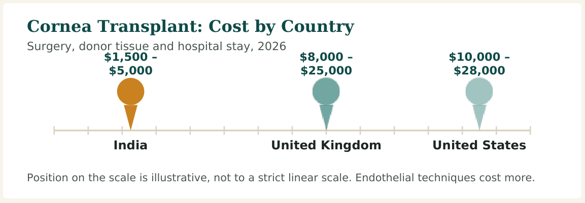 Figure 1 — Cost range for a standard cornea transplant. DMEK, artificial cornea and complex re-graft cases cost more in every country listed