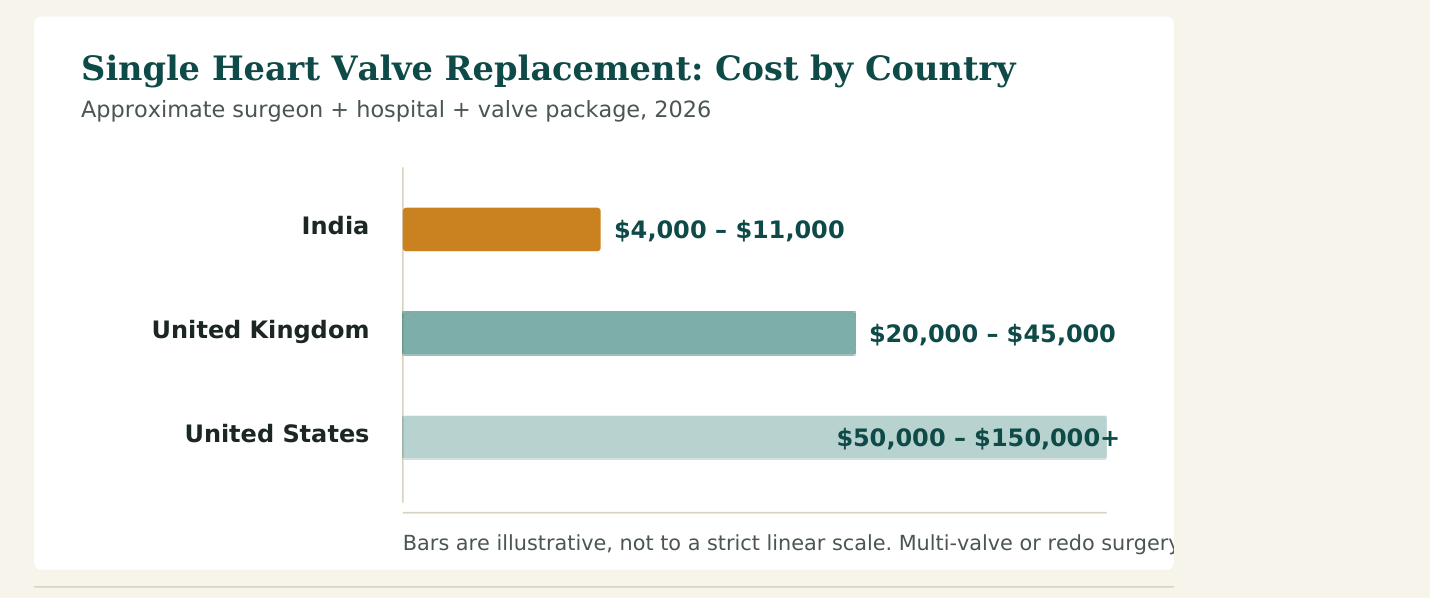 Figure 1 — Typical package prices for a single heart valve replacement. Multi-valve procedures, minimally invasive or catheter-based techniques, and revision surgery cost more in every country listed