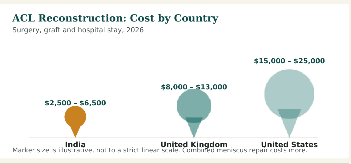 Figure 1 — Cost range for standard ACL reconstruction. Combined meniscus repair, multi-ligament reconstruction and revision surgery cost more in every country listed