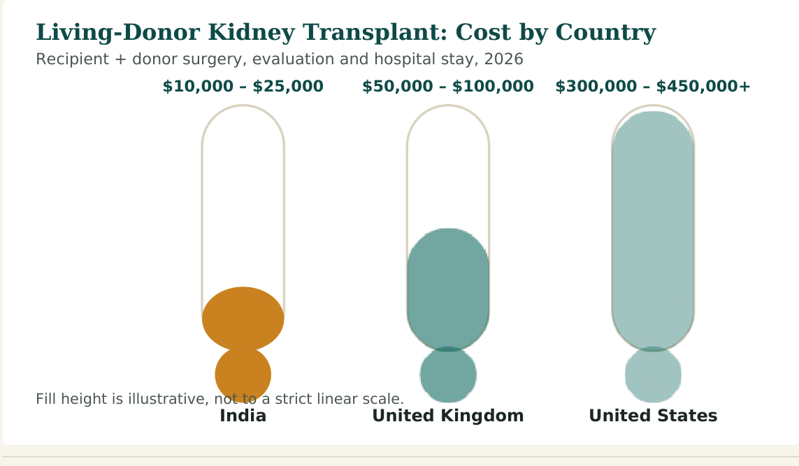 Figure 1 — Cost range for a standard living-donor kidney transplant, covering both recipient and donor. ABO-incompatible transplants and complex or repeat cases cost more in every country listed