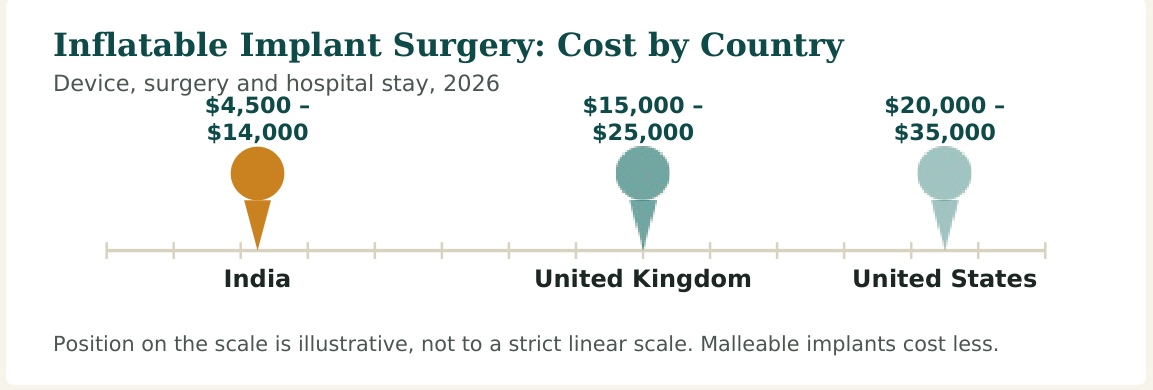 Figure 1 — Cost range for inflatable (two- or three-piece) implant surgery. Malleable implants generally cost less; premium device brands cost more in every country listed