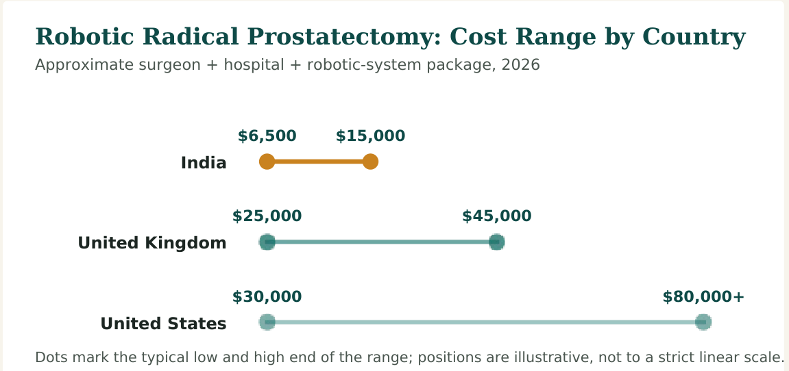 Figure 1 — Typical package prices for robotic radical prostatectomy. Radiotherapy, brachytherapy, hormone therapy and treatment for advanced or metastatic disease are priced separately and cost more in every country listed