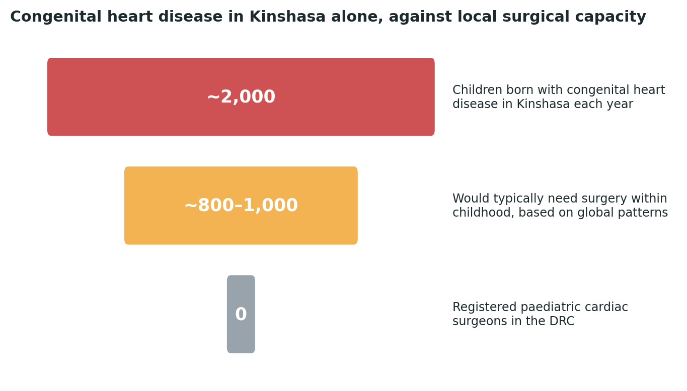 Chart: A genuine, large-scale need for paediatric cardiac surgery in Kinshasa alone, set against a documented absence of registered specialists to provide it