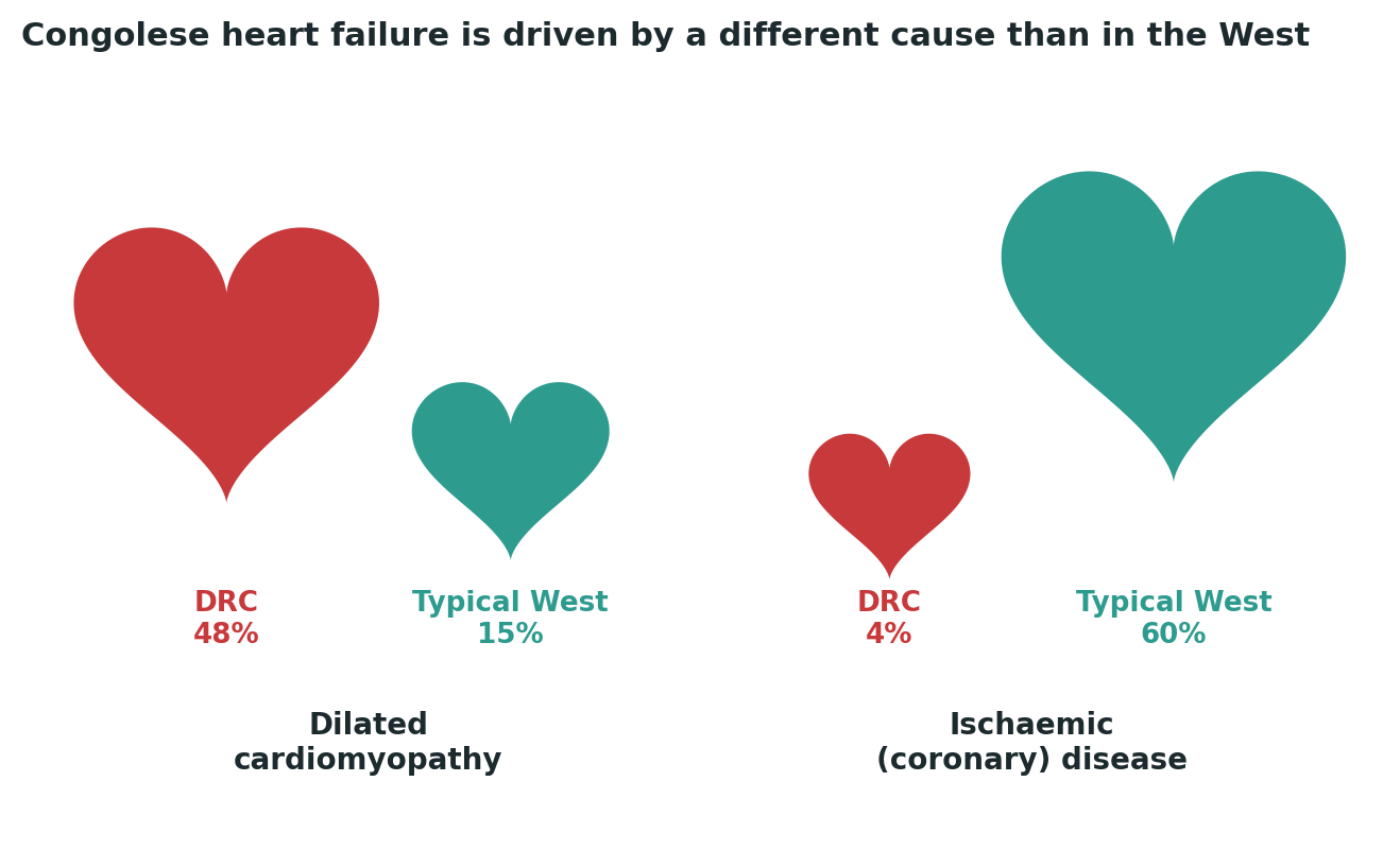 Chart: A genuinely different disease pattern — Congolese heart failure is rarely about clogged arteries, and much more often about a weakened heart muscle itself