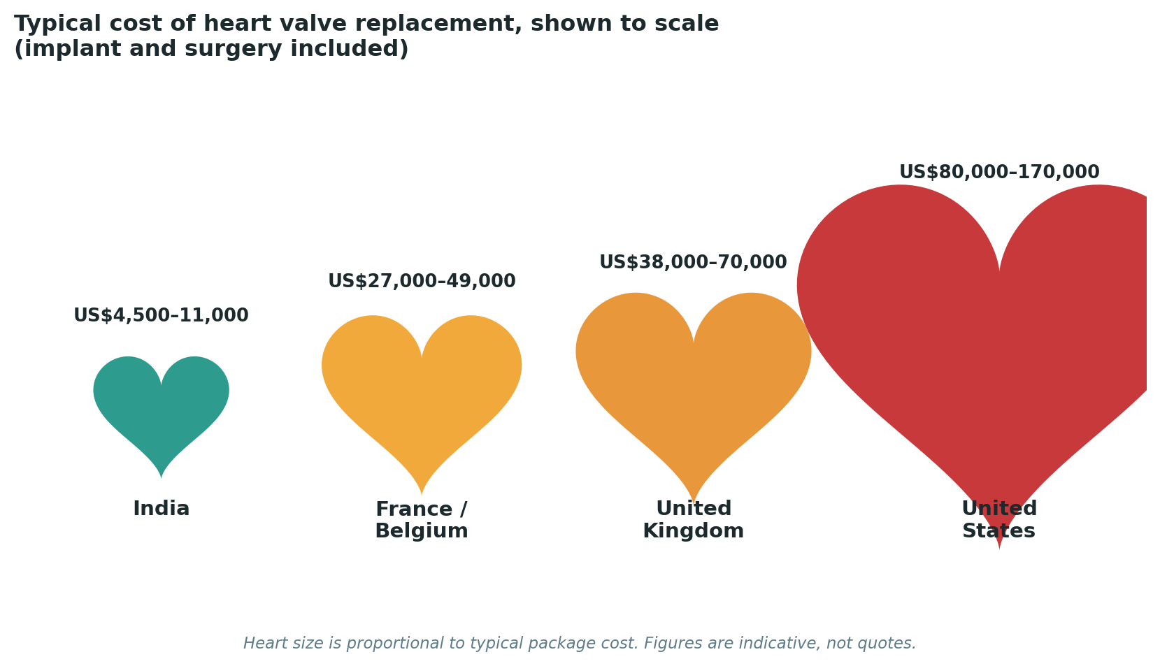 Chart: Package costs for heart valve replacement, inclusive of the valve itself, surgery, and hospital stay