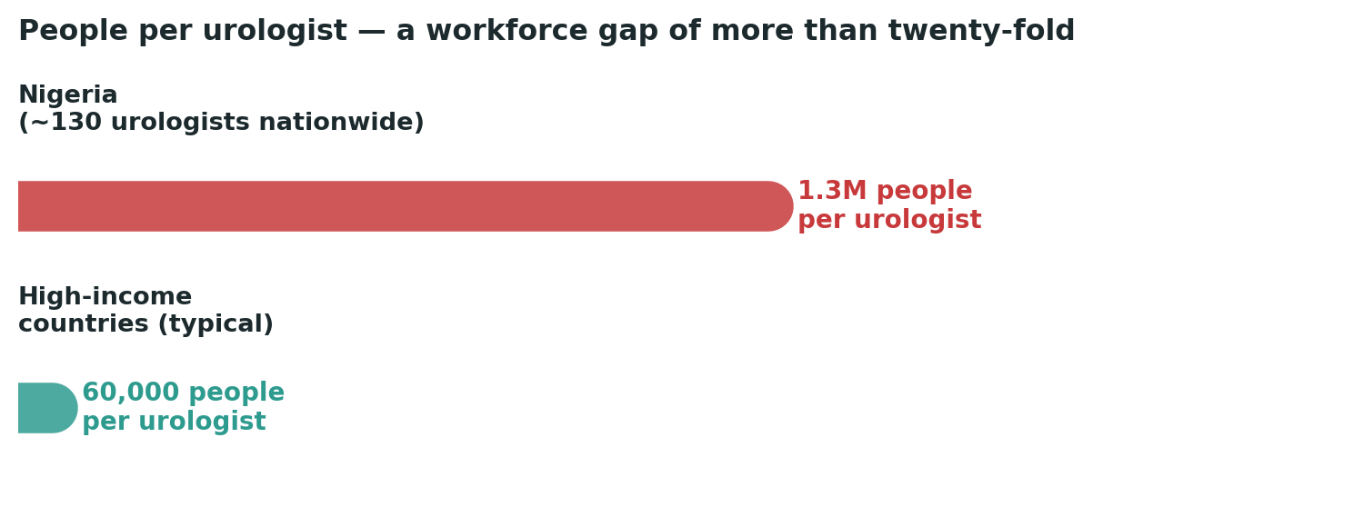 Chart: A workforce gap of more than twenty-fold, directly shaping how quickly a priapism emergency can realistically reach specialist care