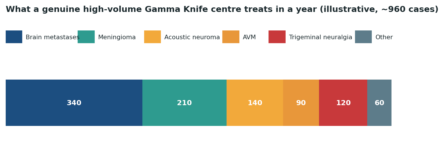 Chart: What a genuinely high-volume centre treats across a year — useful context when a centre claims broad experience but cannot break it down by diagnosis