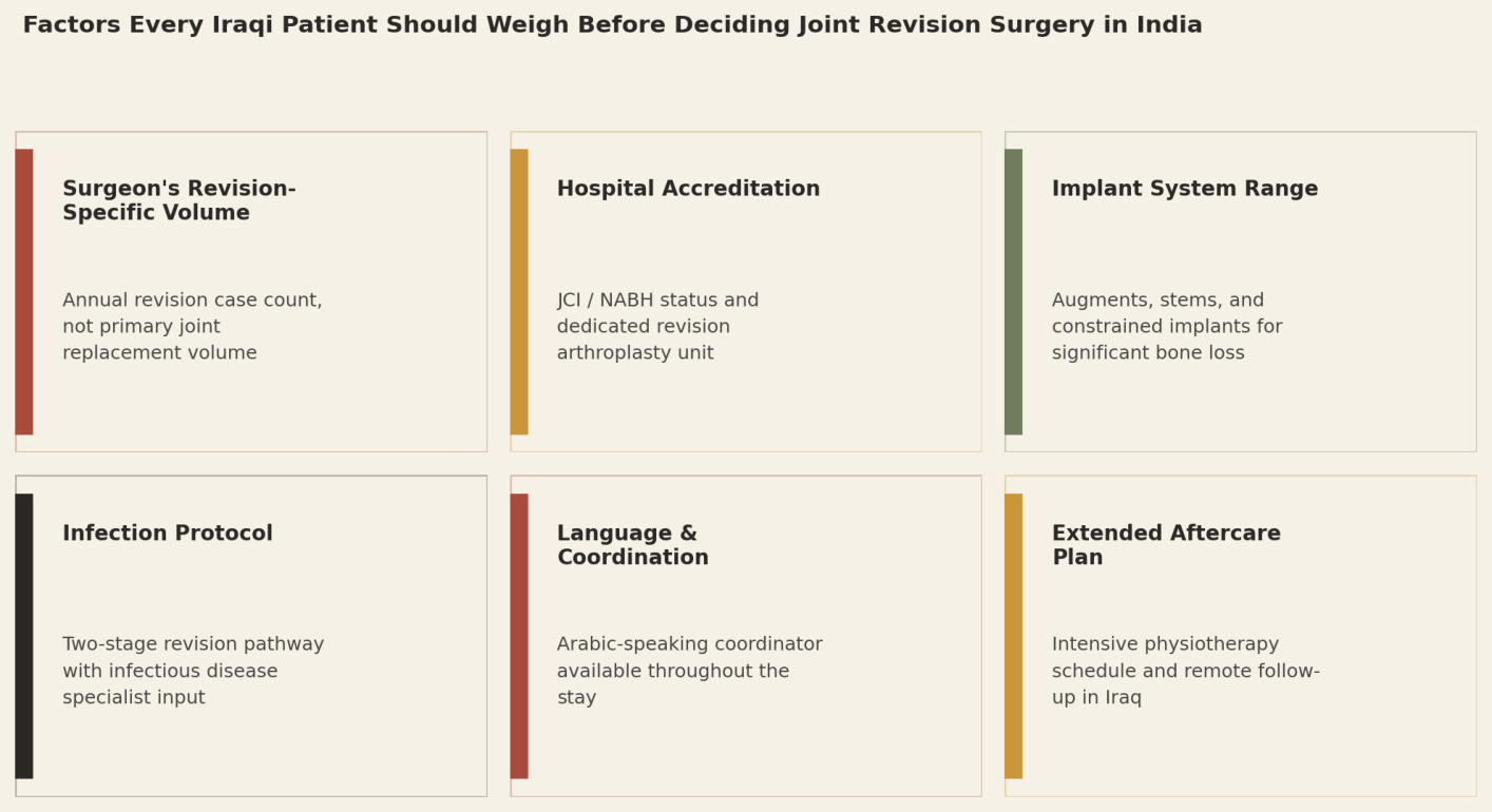 Factors every Iraqi patient should weigh before deciding joint revision surgery in India: Surgeon's Revision-Specific Volume; Hospital Accreditation; Implant System Range; Infection Protocol; Language and Coordination; Extended Aftercare Plan.