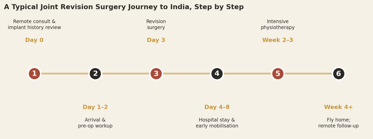 A typical single-joint revision patient can expect roughly four weeks in total; infected two-stage cases run considerably longer.