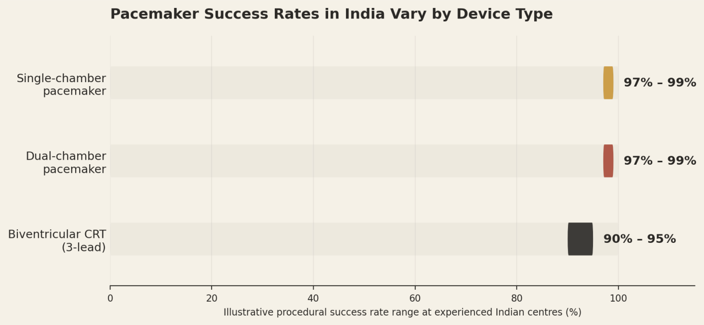 Pacemaker success rates in India vary by device type. Illustrative procedural success rate range at experienced Indian centres. Single-chamber pacemaker 97% to 99%; Dual-chamber pacemaker 97% to 99%; Biventricular CRT (3-lead) 90% to 95%.