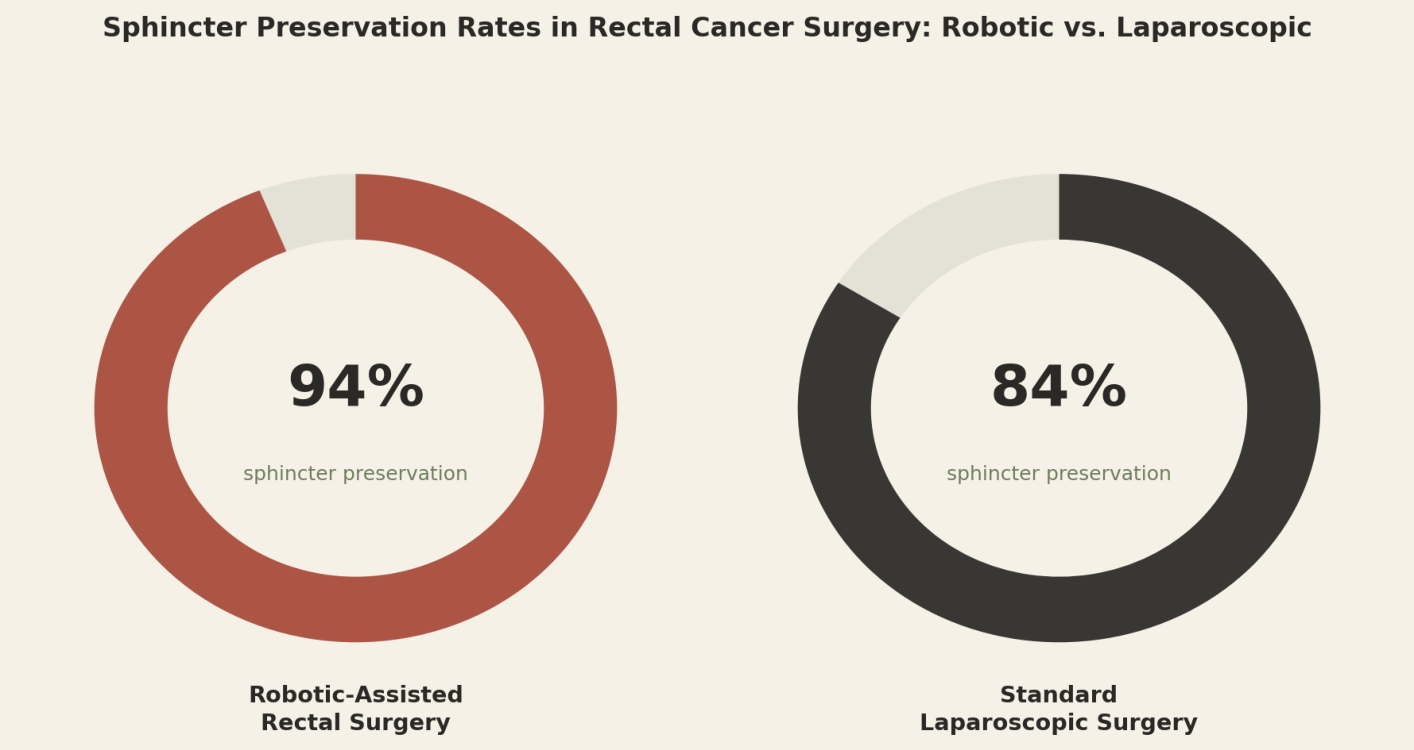 Sphincter preservation rates in rectal cancer surgery: robotic vs. laparoscopic. Robotic-assisted rectal surgery 94% sphincter preservation; Standard laparoscopic surgery 84% sphincter preservation.