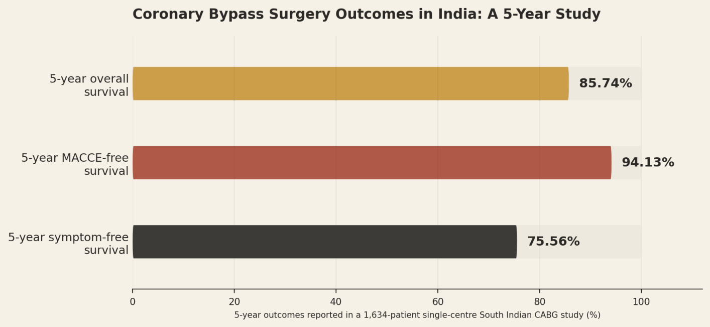 Coronary bypass surgery outcomes in India: a 5-year study. 5-year outcomes reported in a 1,634-patient single-centre South Indian CABG study. 5-year overall survival 85.74%; 5-year MACCE-free survival 94.13%; 5-year symptom-free survival 75.56%.