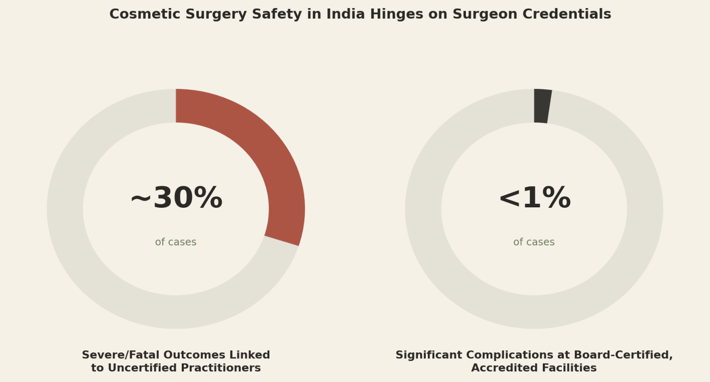 Cosmetic surgery safety in India hinges on surgeon credentials. Severe/fatal outcomes linked to uncertified practitioners ~30% of cases; Significant complications at board-certified, accredited facilities <1% of cases.