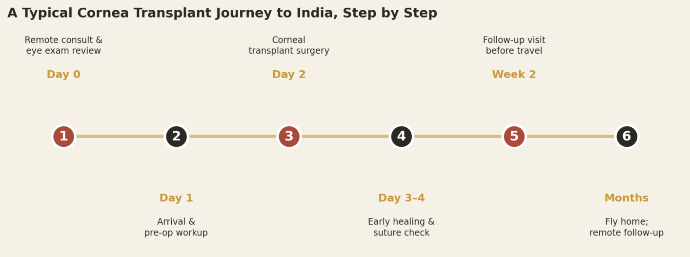 A typical corneal transplant patient can expect roughly two weeks in-country, with remote monitoring continuing for months as vision stabilises.
