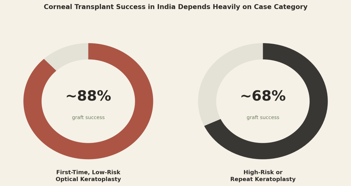 Corneal transplant success in India depends heavily on case category. First-Time, Low-Risk Optical Keratoplasty ~88% graft success; High-Risk or Repeat Keratoplasty ~68% graft success.