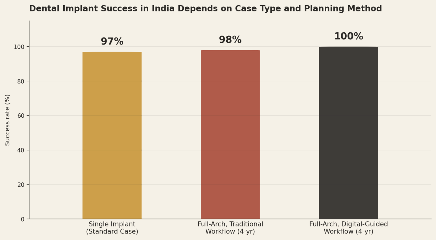 Dental implant success in India depends on case type and planning method. Single implant (standard case) 97%, full-arch traditional workflow (4-yr) 98%, full-arch digital-guided workflow (4-yr) 100%.