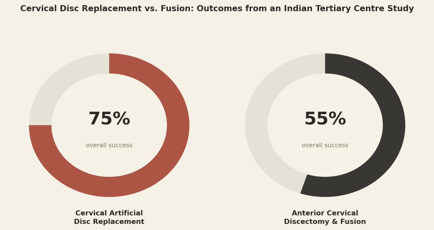 Cervical disc replacement versus fusion, outcomes from an Indian tertiary centre study. Cervical artificial disc replacement 75% overall success, anterior cervical discectomy and fusion 55% overall success.
