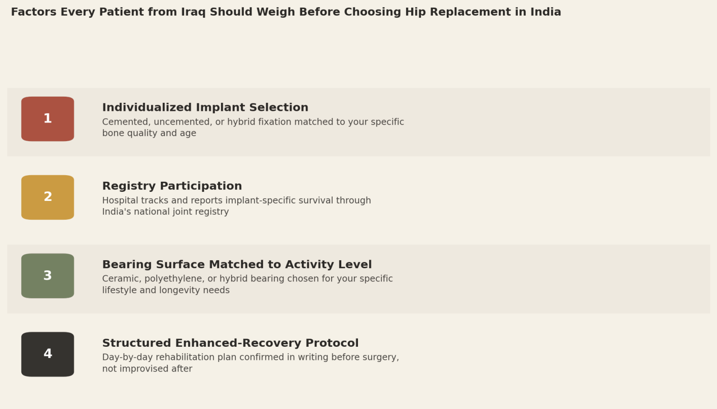 Factors every patient from Iraq should weigh before choosing hip replacement in India. 1. Individualized implant selection: cemented, uncemented, or hybrid fixation matched to your specific bone quality and age. 2. Registry participation: hospital tracks and reports implant-specific survival through India's national joint registry. 3. Bearing surface matched to activity level: ceramic, polyethylene, or hybrid bearing chosen for your specific lifestyle and longevity needs. 4. Structured enhanced-recovery protocol: day-by-day rehabilitation plan confirmed in writing before surgery, not improvised after.